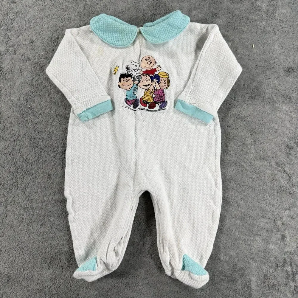 VTG Peanuts Snoopy Charlie‎ And Friends Embroidered Collared One Piece 6 Months